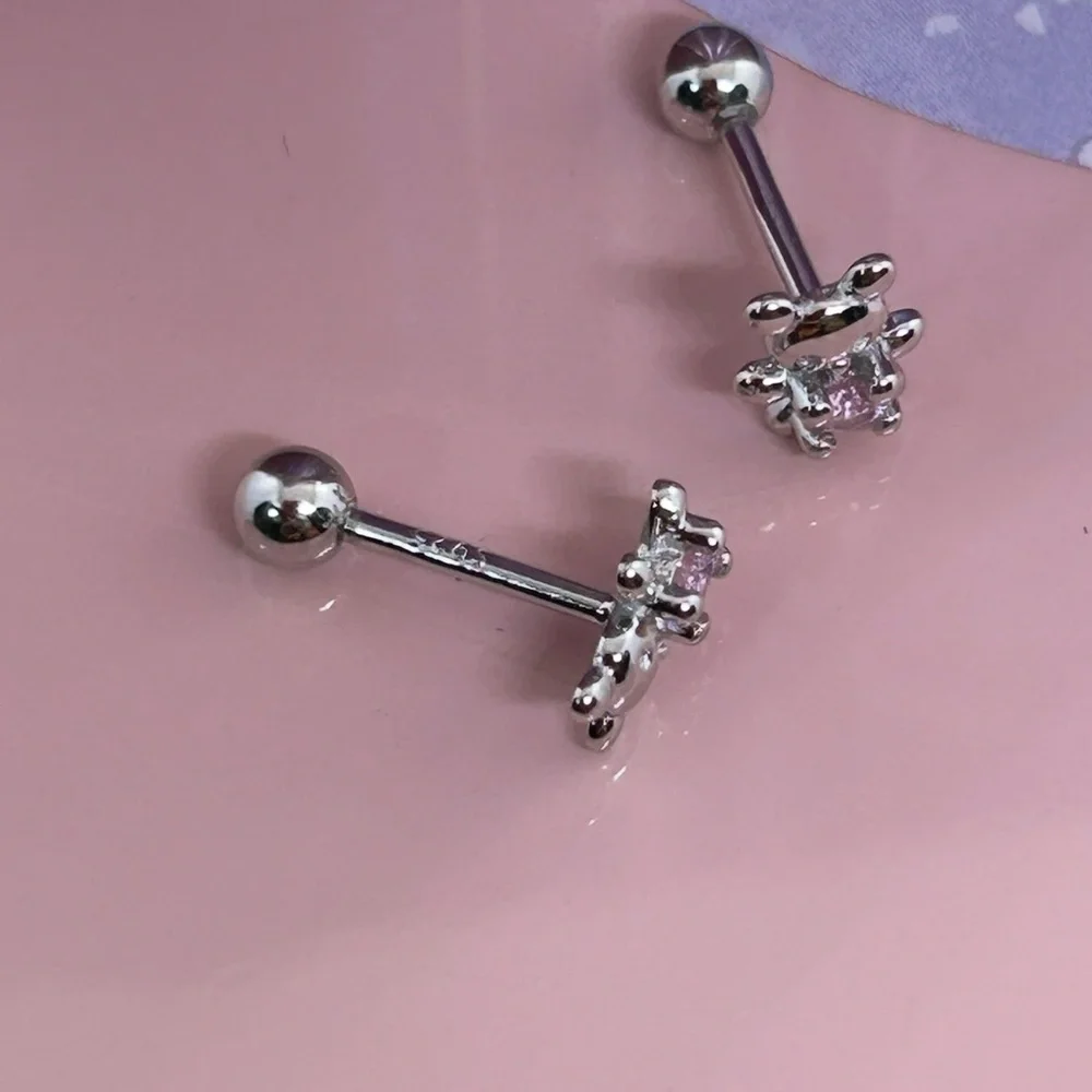Tiny baby Silver 925  and Pink Teddy Bear Earrings